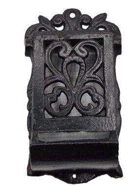Old Time Match Box Holder Black Cast Iron  Wall Hanger Country Design